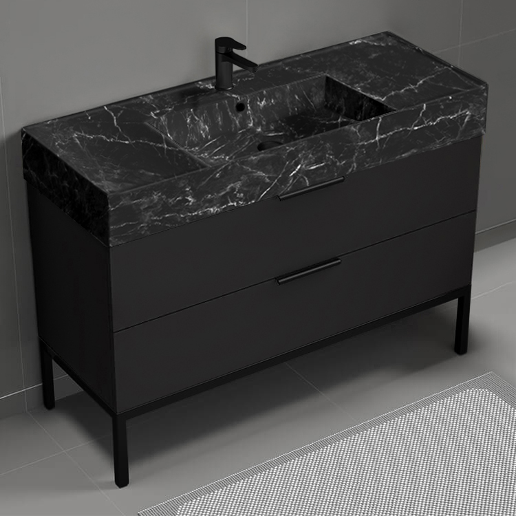 Nameeks DERIN926 48 Inch Bathroom Vanity With Black Marble Design Sink, Free Standing, Matte Black